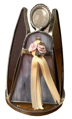 Purple Stained Glass Angel Figurine Holding Ribbon Roses