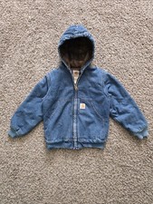 Vintage Carhartt Denim hooded Jacket Youth Small Blanket Lined Y07DST