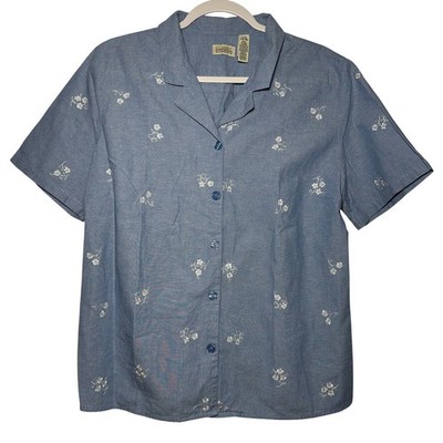 Classic Elements Blue Chambray Floral Embroidered Button Up Shirt Top L G 14 16