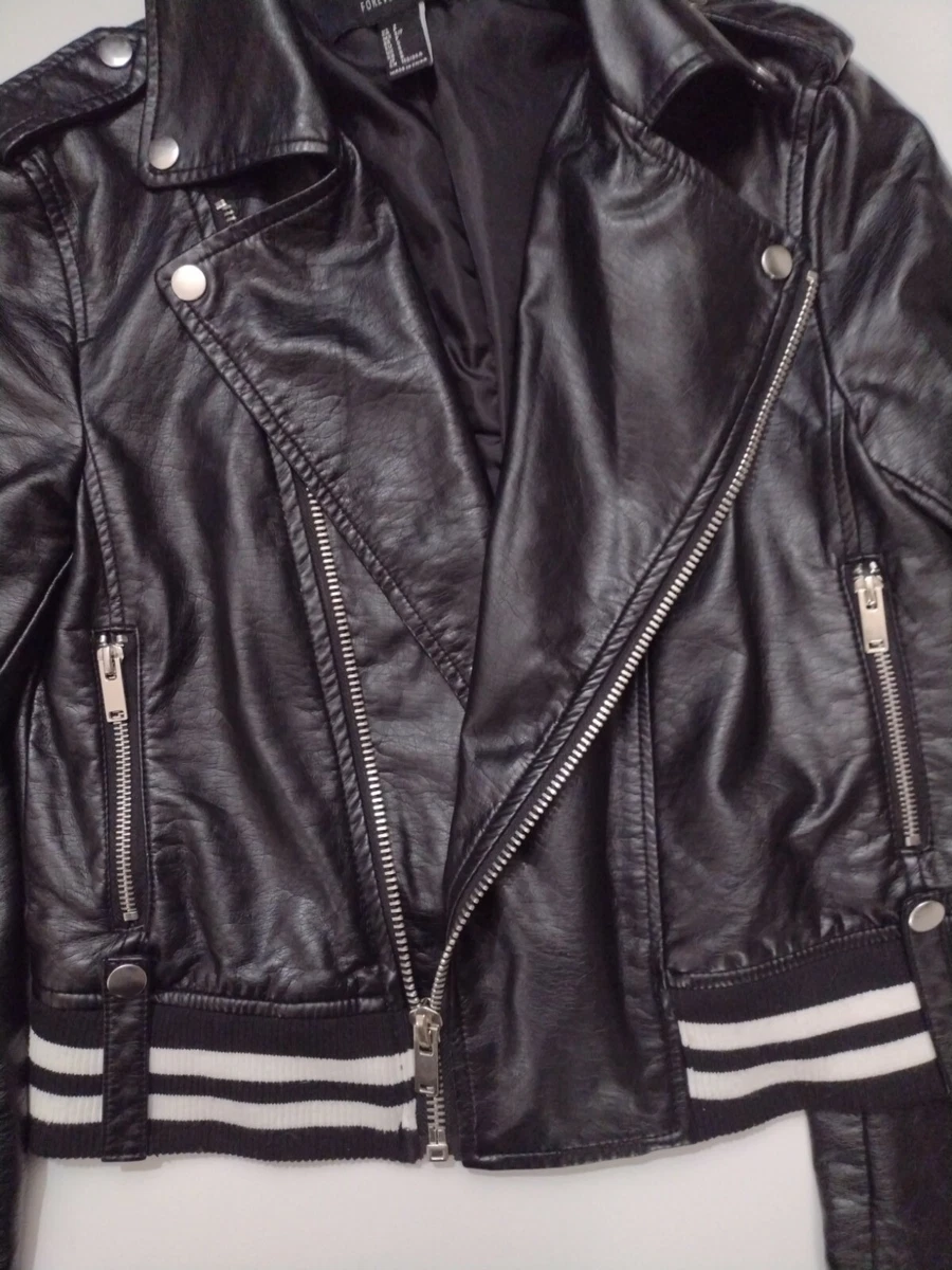 Forever 21 Cropped Moto Faux Leather moto Jacket black and white