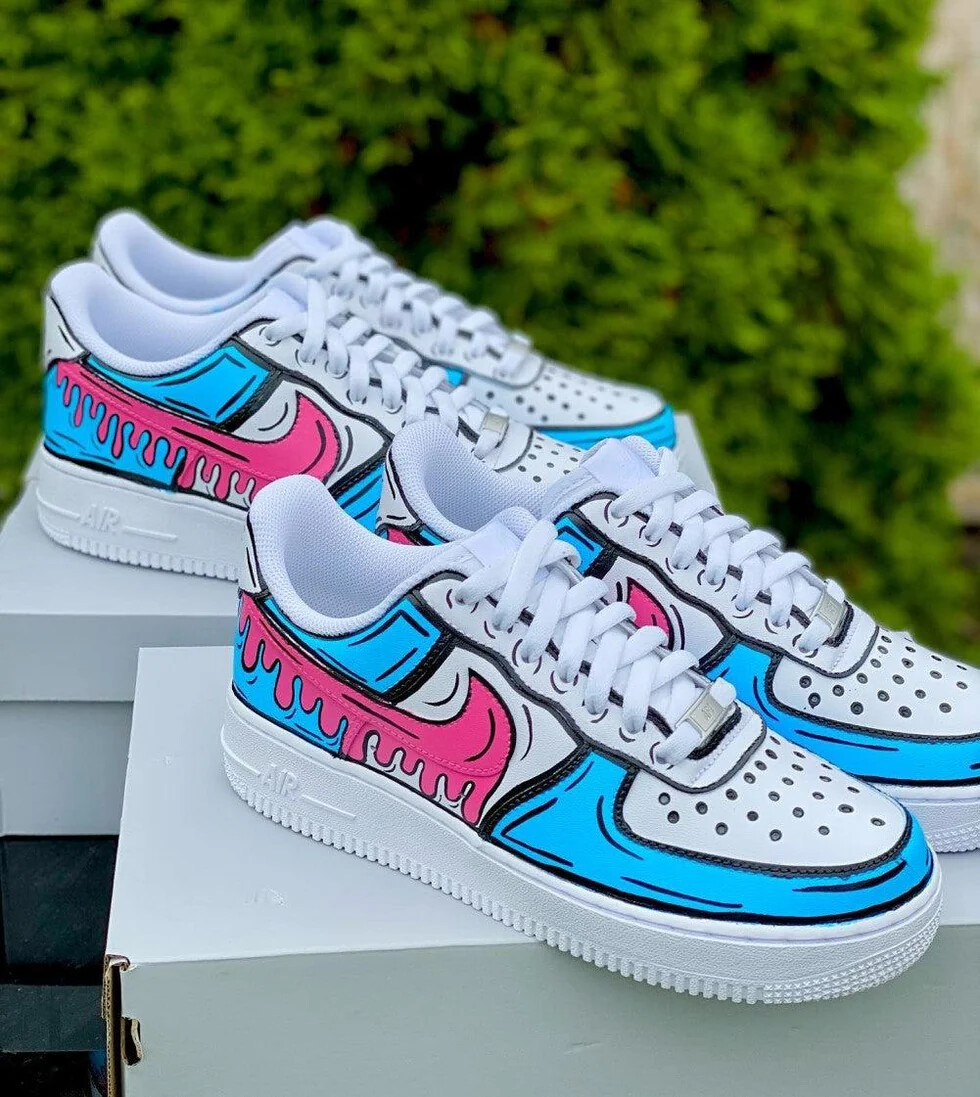 Nike Footwear Air Force Blue And Pink Swoosh Custom Painted Nike