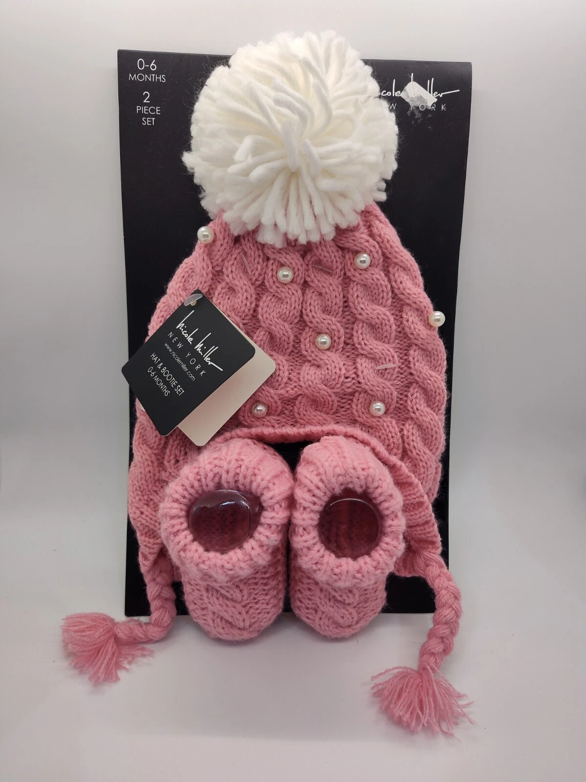 Nicole Miller New York Infant Baby Girl Size 0-6 M Pink Knit Hat & Bootie Set