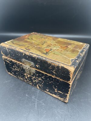 Old Clark s Black Painted Wooden Box 5x3  Paper Label
