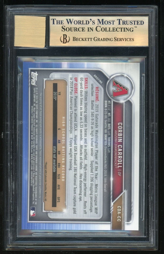 2019 Bowman Chrome Draft Corbin Carroll Rookie RC Auto #CDA-CC BGS 10 10 - Image 2 of 2