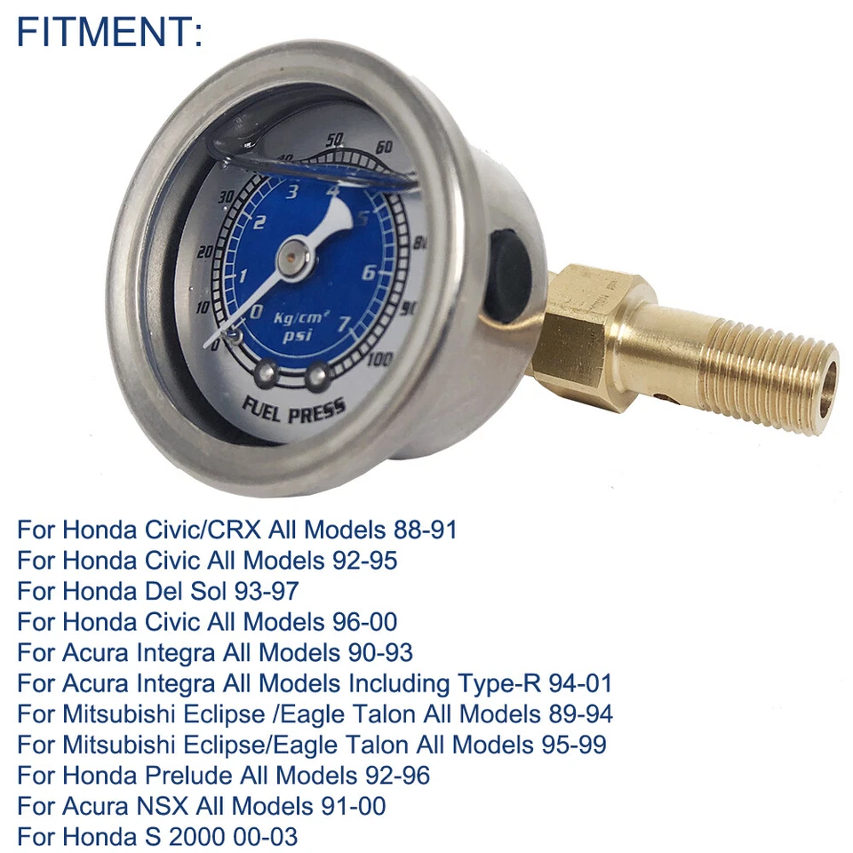 Medidor lleno de líquido medidor de presión de combustible 1/8 NPT 100PSI para VMS Honda Acura Civic Foto 3 de 4