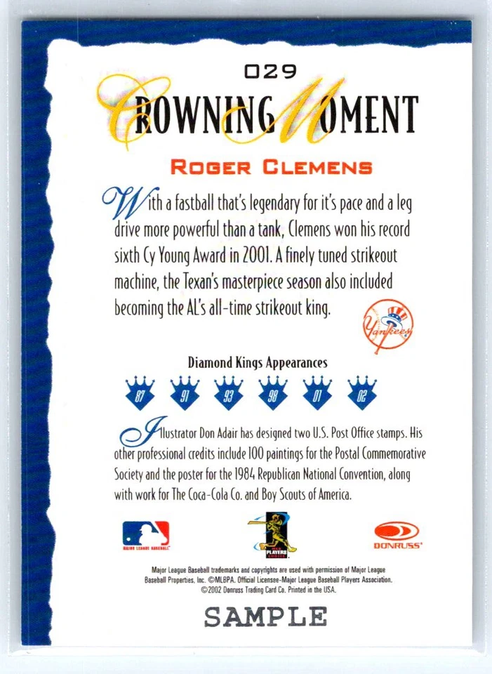 2002 Diamond Kings #029 Roger Clemens Sample Gold Logo Front Silver Stamp Back - Image 2 of 2