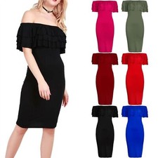 Womens Off Shoulder Ruffle Frill sleevless Bodycon Midi Dress