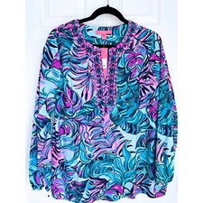 Lilly Pulitzer Coretta Tunic  Seasalt Blue  Dont Wanna Leaf Print  Size Large