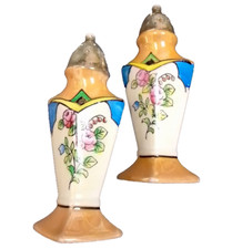 Vintage Art Deco Salt Pepper Shakers Peach Blue Japan Pink Flower Rose Floral