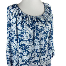 Chaps Women's 3/4 Sleeve Tunic Top Blouse Size S Blue White, Floral Pattern
