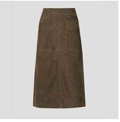 M&S AUTOGRAPH OLIVE SUEDE PANEL DETAIL TAILORED A-LINE MIDI SKIRT
