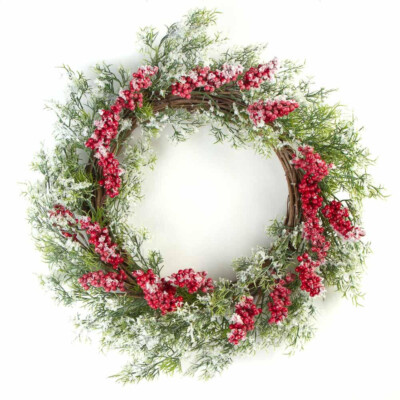 20'' Artificial Snow and Red Berry Wreath with Greenery on a Grapevine Base