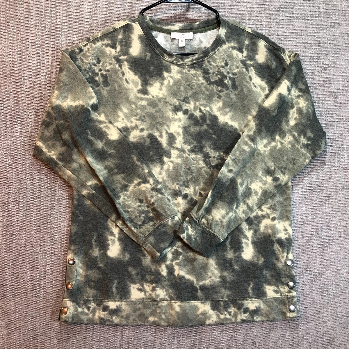 Como Vintage Sweatshirt Womens M Green Tie Dye Camo Style Pullover Snap Hip Crew