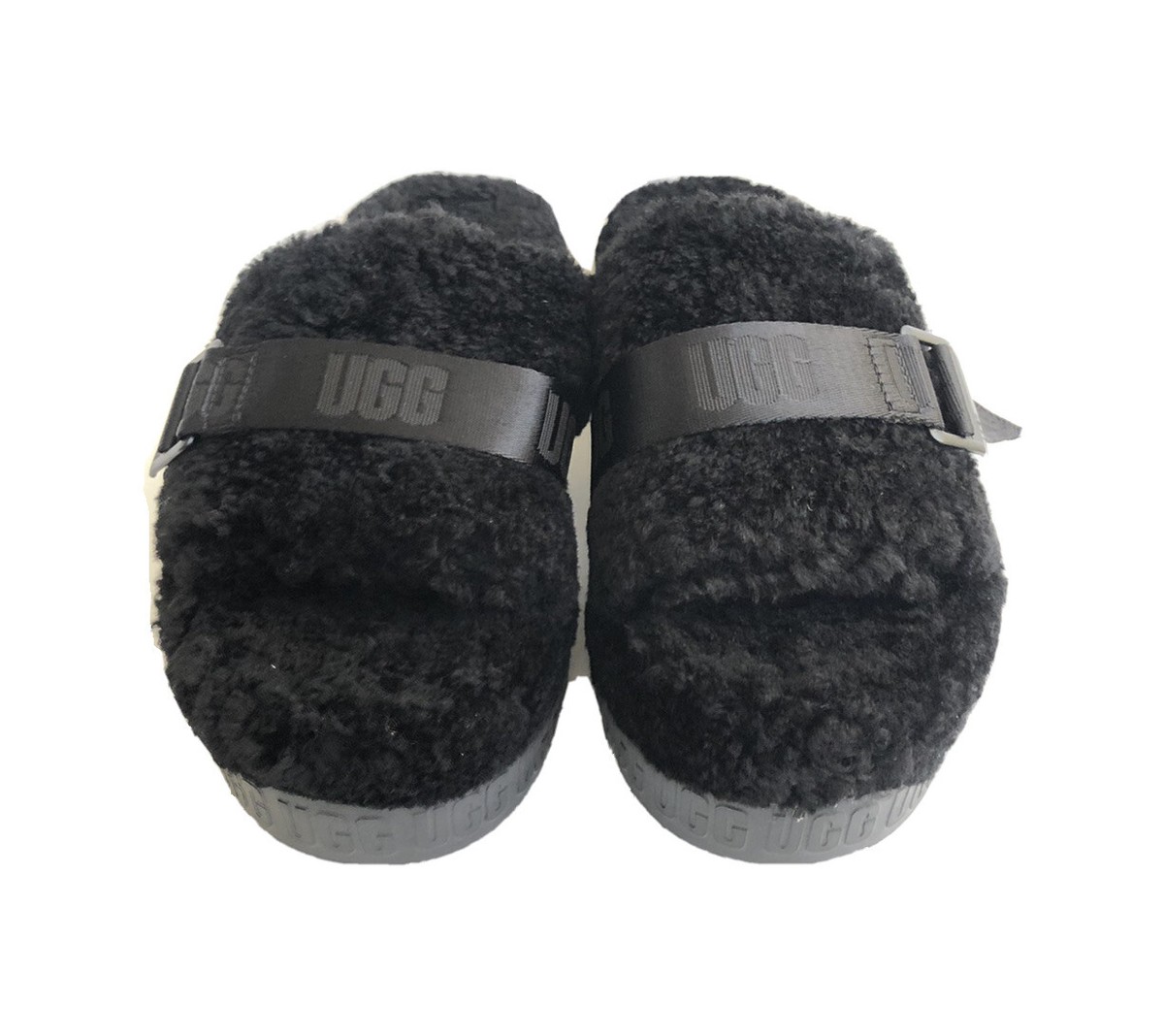 UGG FLUFFITA SLIDE BLACK SHEARLING PLATFORM SANDALS US 10 / EU 41
