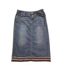 Christopher  Banks Denim Midi Skirt Size 12 Blue Embroidered Hem Boho Straight