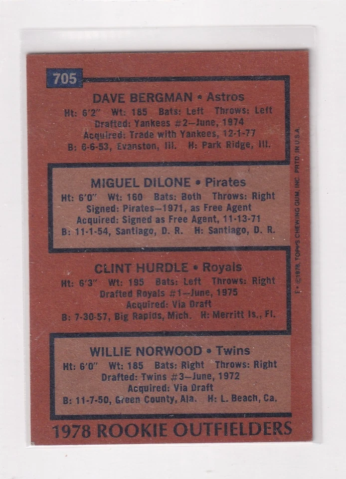 1978 Topps Rookie Outfielders # 705 Bergman, Dilone, Hurdle, Norwood Nice Card - Image 2 of 2