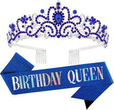 Happy Birthday Queen Blue Silver Tiara Crowns for Women, Sash, Party Favors Supp