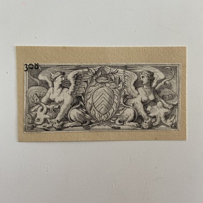 Antiker allegorischer Wappenstich mit geflügelten Sirenen & Wappen 17. Jh.
