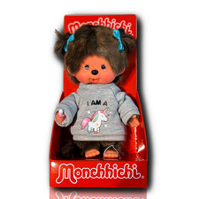 8" Monchhichi Brown Girl - in Gray "Unicorn" Sweater with Blue Pigtails