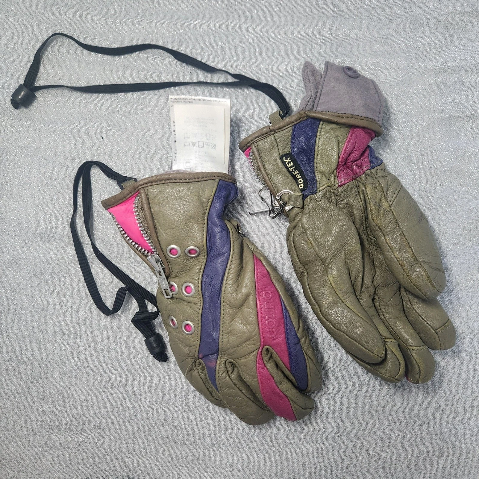 Burton Gore-Tex Leather Snowboard Gloves Olive Green Purple Magenta Vtg Retro