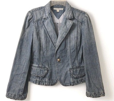 Y2K Vtg Tommy Hilfiger Denim Jean Jacket L Ruffle Preppy Bratz Core Blazer Short