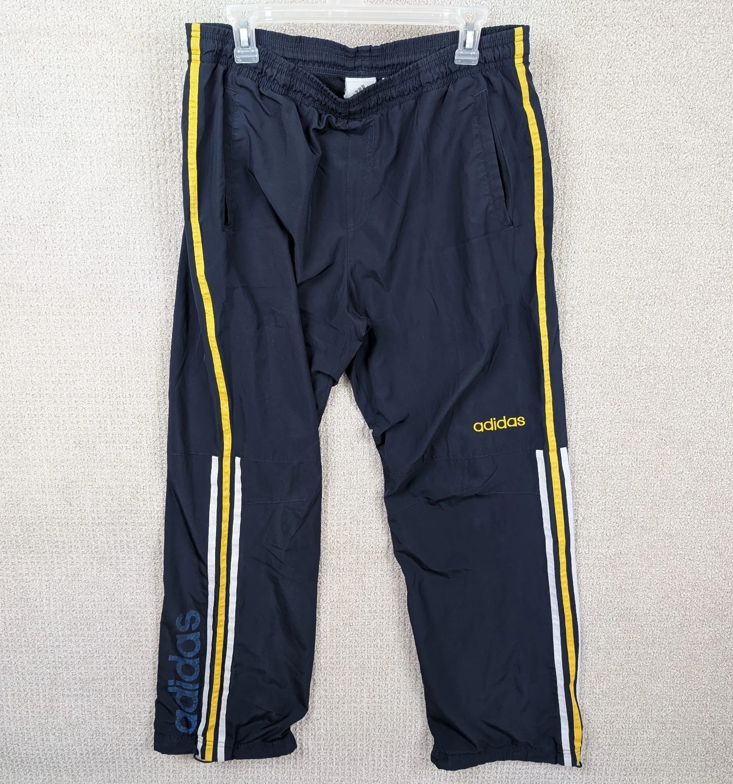Vintage Y2K Adidas Windbreaker Baggy Track Pants Men's Medium Navy Striped