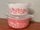 2 Pc Pyrex Pink White Gooseberry Cinderella Nesting Bowl Set 474B, 475B, W/lids