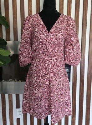 Universal Thread Dress Women's 4 Pink Puff Sleeve V Neck Ruched Waist Floral New