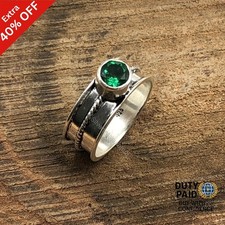 Valentines Deal 925 Sterling Silver Round Green Emerald Gemstone Band Wife Ring