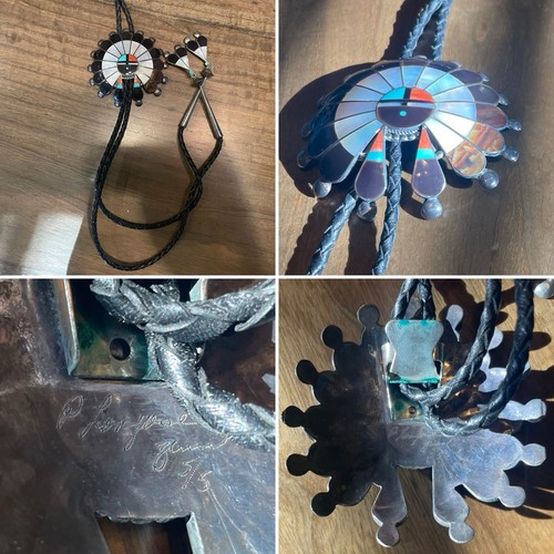 Vtg Zuni Sunface Bolo Tie Pauline Lonjose 925 Silver Inlay Coral Turquoise