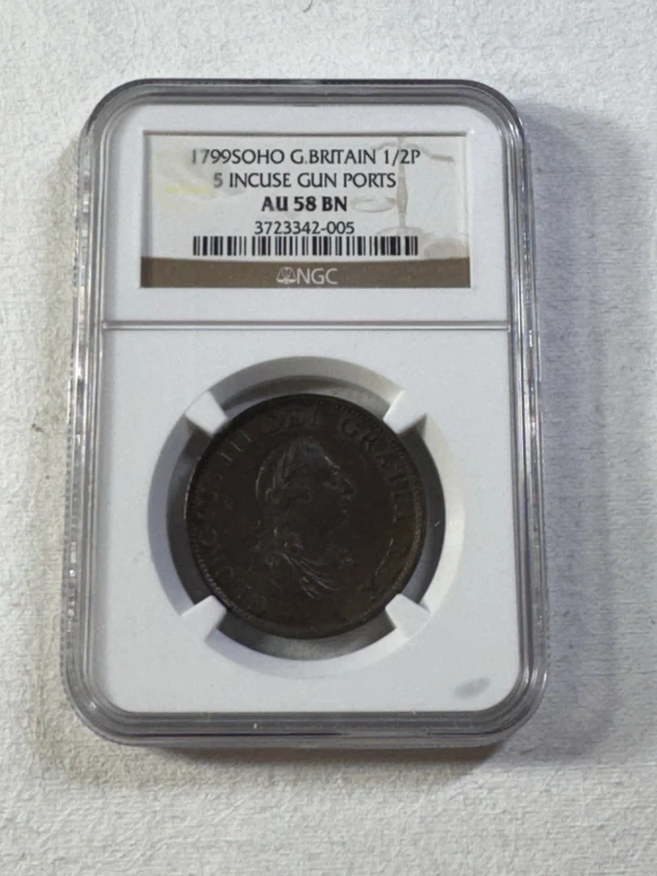 1799 SOHO Great Britain Half Penny Graded AU 58 BN by NGC 5 Incuse Gun Ports - Image 4 of 4