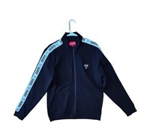 Image of Guess Striped Track Jacket Jet Black Walt Logo Tape Mock Full Zip Sz.Large