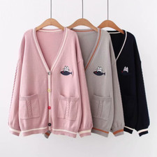 Women Girl Sweater Knitted Coat Jacket Cardigan Jumper Top Long Sleeve Cat