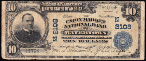 Nice *RARE* 1902 $10 WATERTOWN, MA National Banknote! FREE SHIPPING! 84076E - Picture 2 of 3