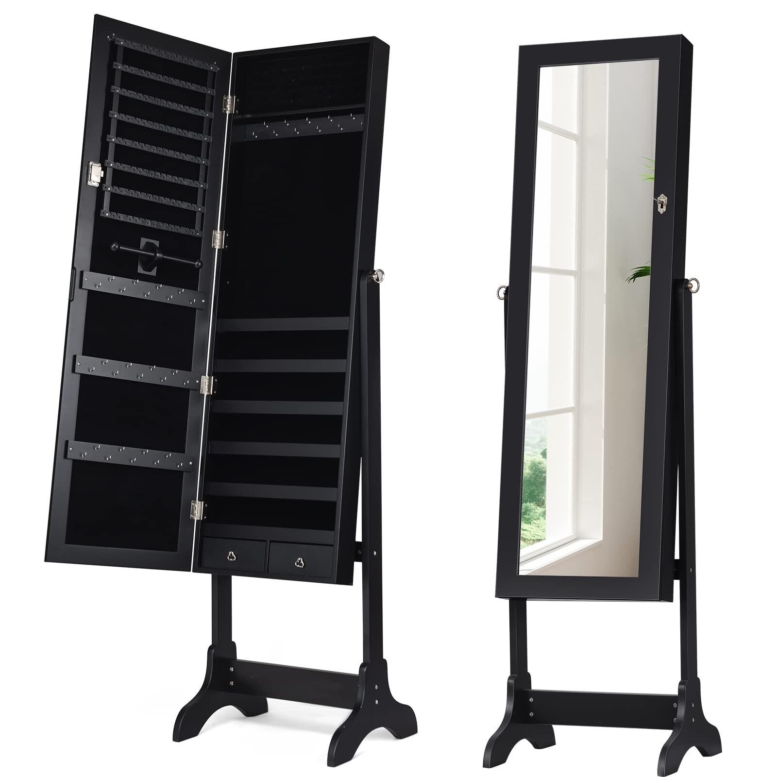 Lockable Mirrored Standing Jewelry Armoire Organizer, Large Storage Jewelry C...