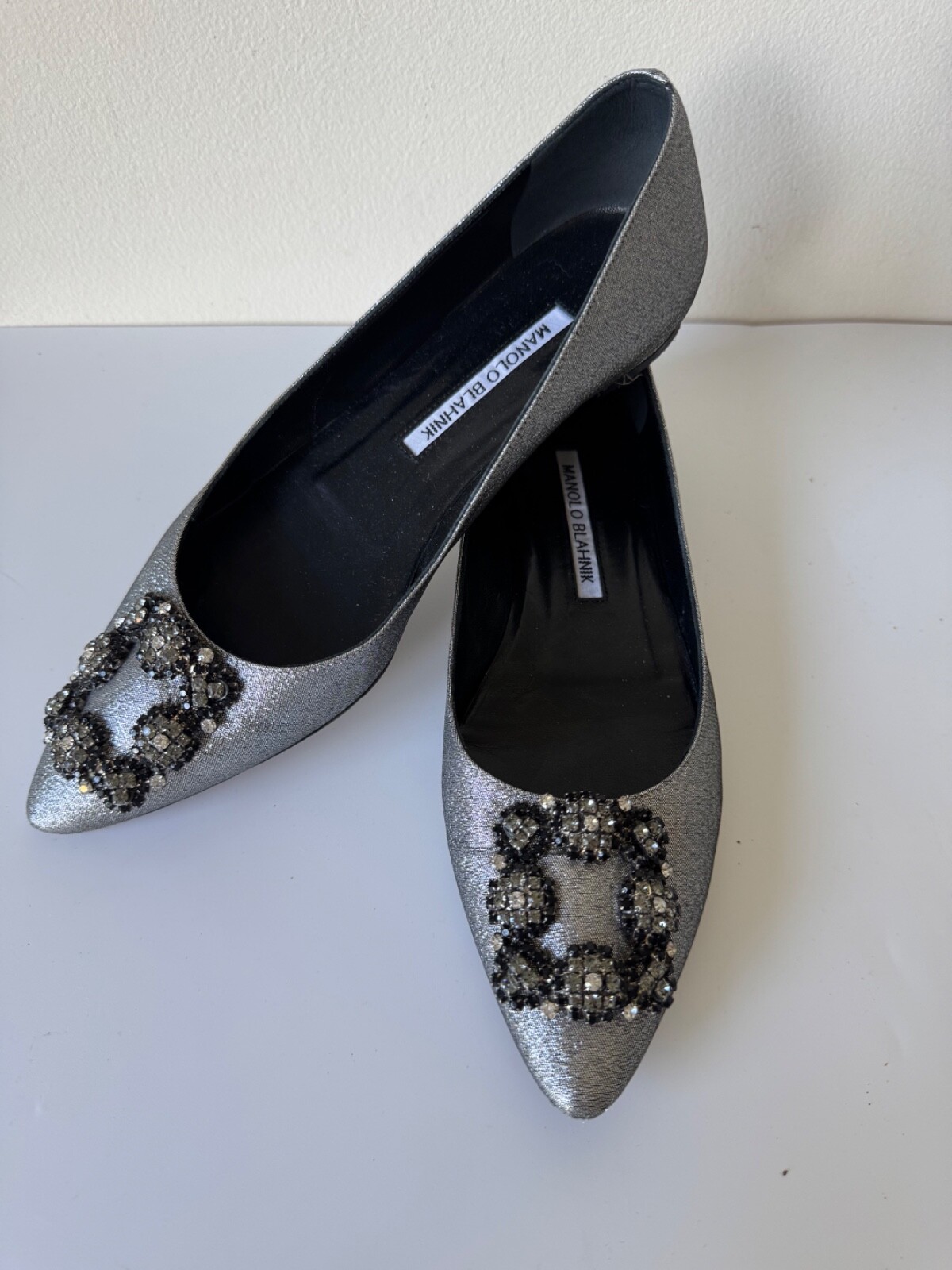 Manolo Blahnik Glitter Silver Fabric Jewel Buckle Flats Size