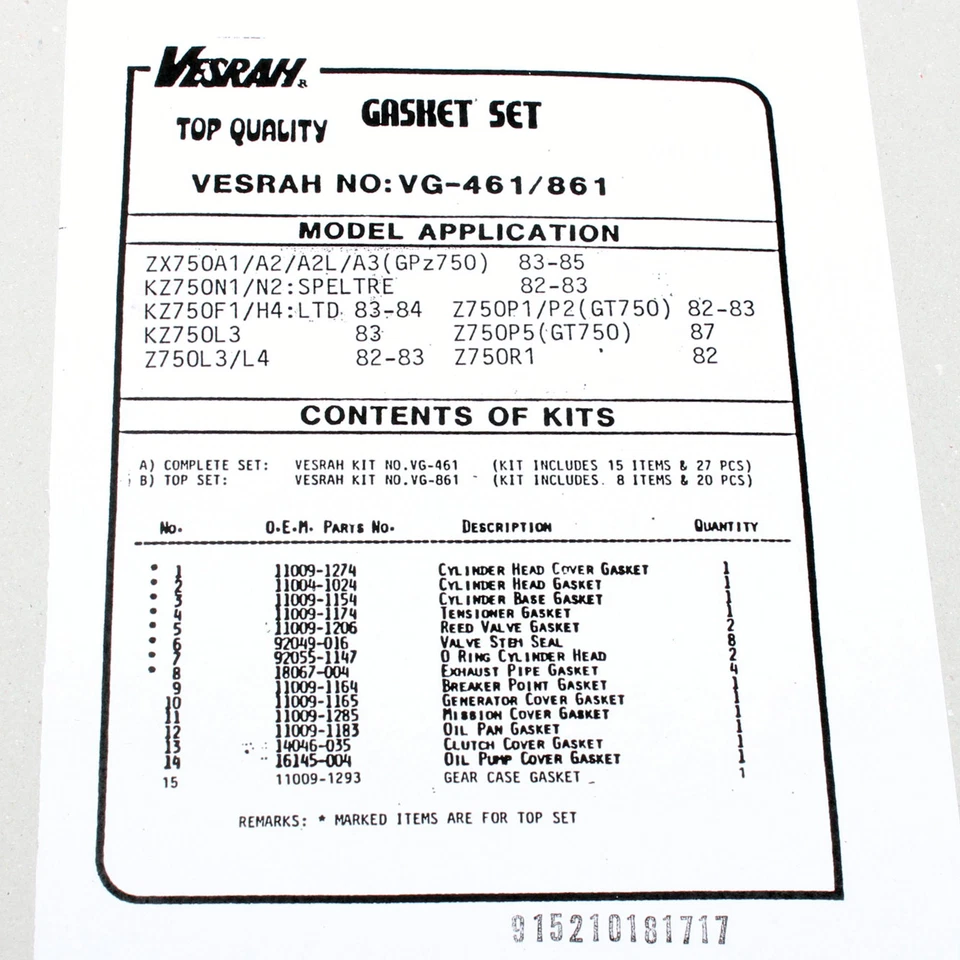 Engine gasket set complete for Kawasaki GT 750 P GPZ 750 A Z 750 L N GP 82-85 - Image 2 of 3