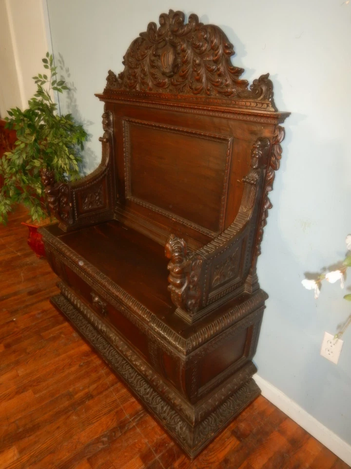 Резное европейское викторианское прихожее сиденье/скамейка посуда Италия - Изображение 3 из 4