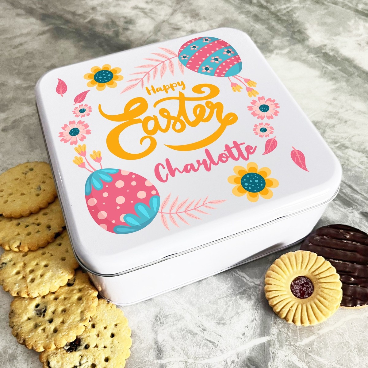 Bright Floral Happy Easter Eggs Personalised Gift Cake Biscuits Sweets  Treat Tin