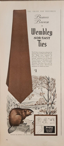 1946 Wembley Mens Ties Vintage Ad 14 x 5 Beaver Brown