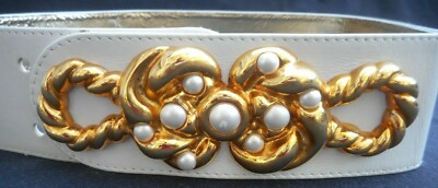 MONDI ESCADA White Belt Size 12 42 Pearls Leather Gold Metal  display picture 1