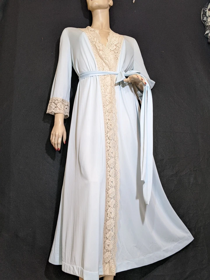Vintage Vanity Fair Lindo Vestido de Noite Azul Conjunto de Roupão de Renda M - Imagem 2 de 4