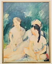 Abraham Walkowitz Original Signed Painting 1910s  NY Listed Artis Women on Grass