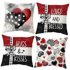 Valentine's Day Pillow Covers 18x18 Set of 4 Hugs and Kisses Valentines Day