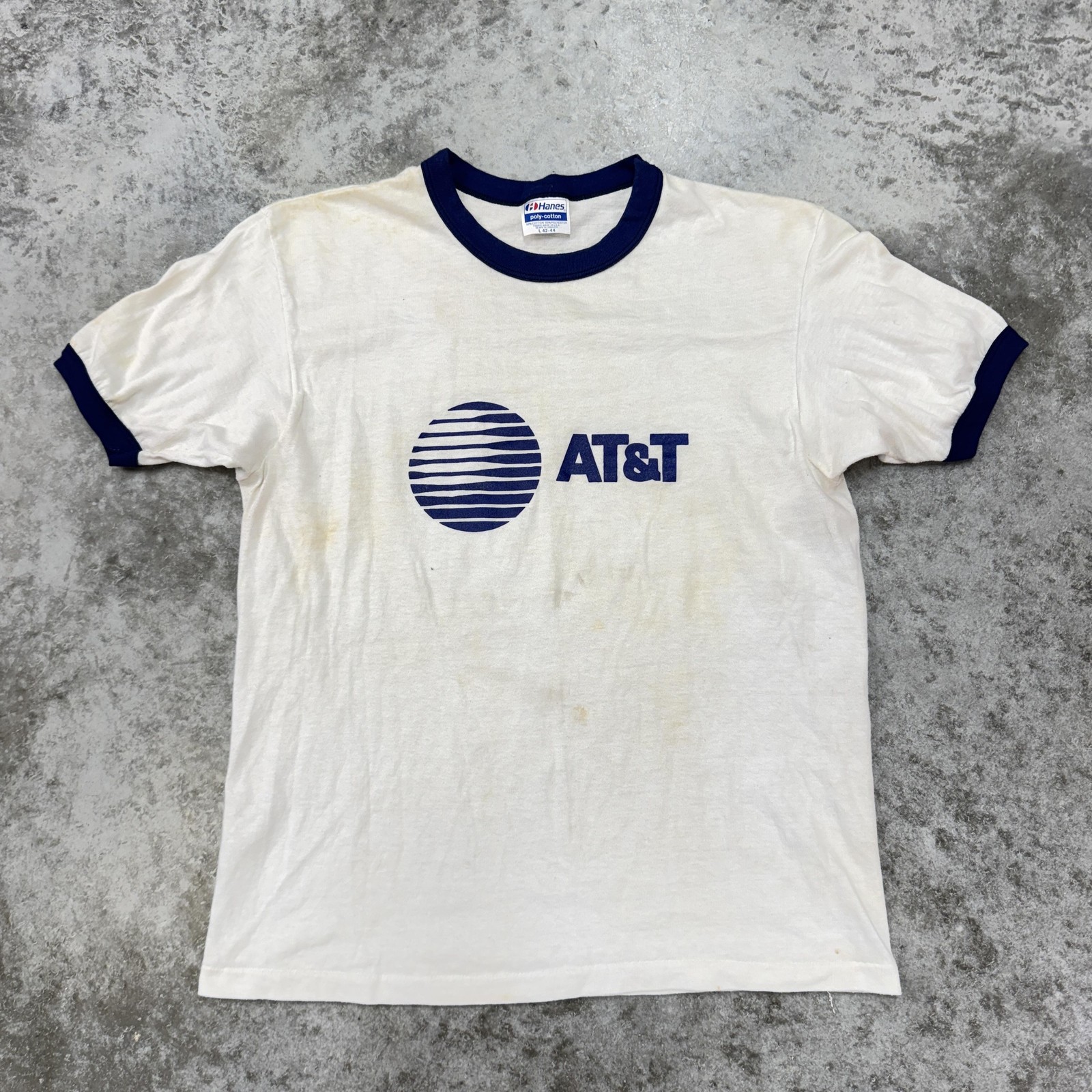 Vintage AT&T Shirt Mens Large White Blue Ringer Hanes 80s Promo Logo Made USA