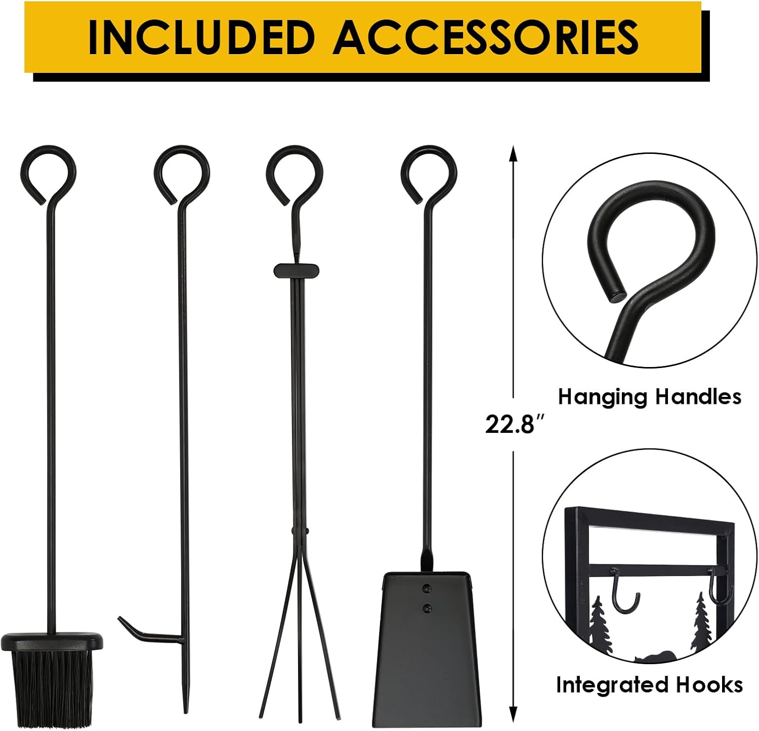 Firewood Rack with 4 Fireplace Tools, Fireplace Tool Sets Log Rack Outdoor Heavy