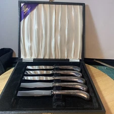 Viners Sheffield England Silverplate 6 vintage serrated Steak Knives In Box