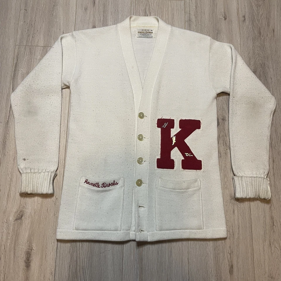 Cárdigan Crema Letterman Tejido Suéter Atlético Talla 40 Puntada Cadena De Colección Años 50 60 Foto 2 de 4