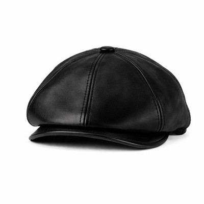 Men's Real Leather Gatsby Black Cap Golf Driving Ascot Flat Cabbie Ivy Newsboy