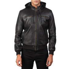 Men's Bouncer Biz Real Cowhide Leather Bomber Jacket Zip-Up Flight Hood Jacket
